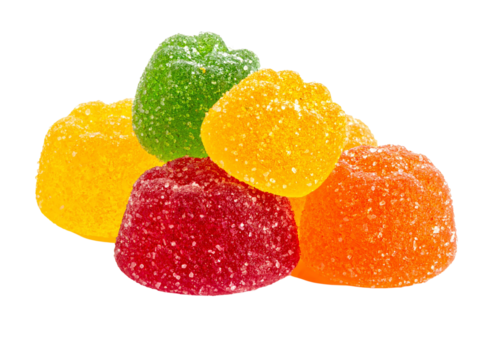 Colorful sugar jelly candy closeup, bright, vibrant, sweet treats stacked together on a white background, evoking playful, joyful and cheerful feelings.