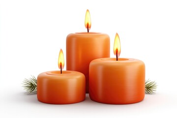 Cozy trio of burning candles symbolizing home warmth with pine needles on white background