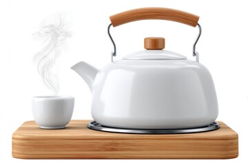 Ceramic teapot on wooden stove with cup and steam isolated on white background for kitchen decor or advertisement