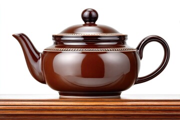Elegant ceramic teapot on wooden stove for kitchen decor and tea ceremony, isolated on white background