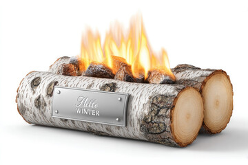 Cozy winter scene with glowing fireplace log and engraved metal plate for seasonal warmth