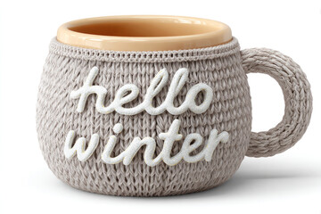 Cozy knitted mug cover with "hello winter" design for seasonal decoration and gifting