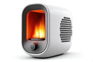 Modern pellet stove with glowing interior - efficient heating appliance design on white background