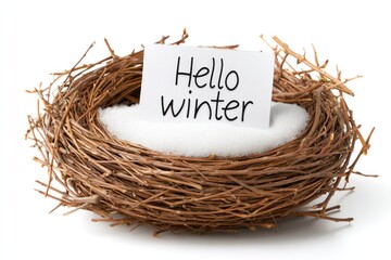 Hello winter sign in snowy twig nest on white background for seasonal greeting design