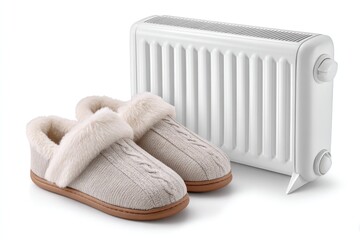 Cozy winter comfort with slippers and heater on white background for home interior design inspiration