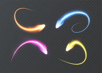 Colorful glowing streaks form curved comets on a transparent PNG background. Suitable for magical effects, motion design, fantasy graphics, and light overlays.