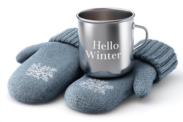 Cozy winter scene with mittens holding metal cup engraved with hello winter on white background