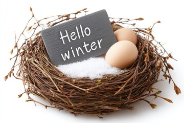 Cozy winter greeting with snow-dusted twig nest featuring eggs and "hello winter" sign isolated on white background for seasonal design