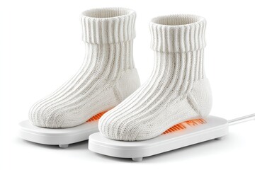 Cozy wool socks warming on electric heater for winter comfort and home decor