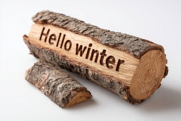 Hello winter carved bark art on white background for seasonal greeting designs