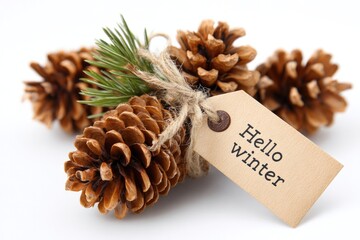 Festive pinecone arrangement with hello winter tag for seasonal decor or greeting card design