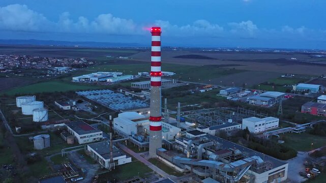 Aerial drone view to district heating on Burgas, Bulgaria evening