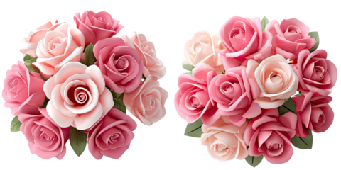 3D stylized rose bouquet with glossy petals, romantic floral icon isolated on transparent background PNG set
