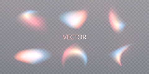 Naklejka premium Rainbow light refraction flares in soft curved shapes on a transparent background. Vector pastel glare elements for overlays in illustrations, cosmetic layouts and dreamy design. 