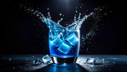 Ice cubes splash in vibrant blue drink