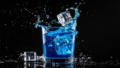 Icy cube creates blue liquid splash