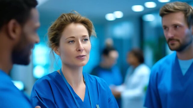 Hospital staff discussion, medical professionals conferring, healthcare facility interior, discreet consultation moment, clinical teamwork display, professional collaboration scene