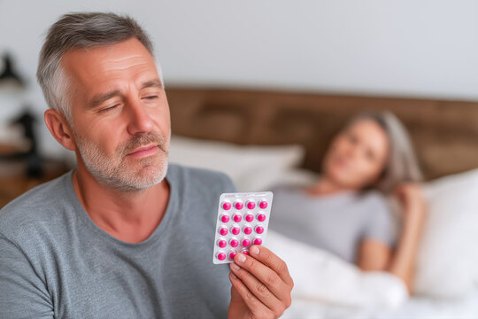 A man holds a pill pack to increase potency before sex