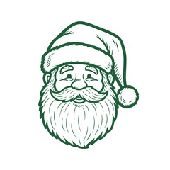 Green line art drawing of santa claus face with hat and beard