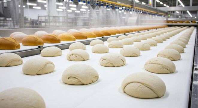 Balls of raw dough move along a conveyor belt in a bakery. Flour dust is sprinkled on fresh baked goods. on a food production line, demonstrating the modern process of bread baking and craft 