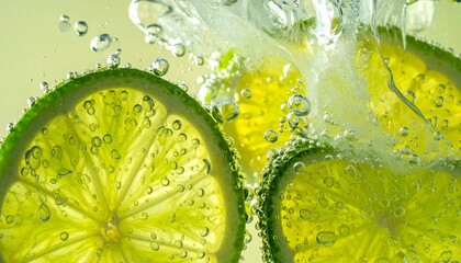 Lime slices effervesce submerged in sparkling refreshment