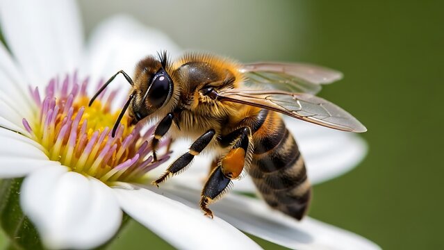Intricate Macro of a Honeybee with a Full Pollen Basket on a White Daisy.