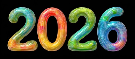 The colorful, vibrant, and abstract depiction of the year 2026 is displayed against a stark black background, creating a visually striking and modern design element