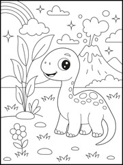 Fun Kids Dinosaur Coloring Page. Printable Prehistoric Line Art for Children’s Activities, Learning, and Craft Projects. Cute Dinosaur Standing in a Prehistoric Meadow with Rainbow, Volcano, Plants.