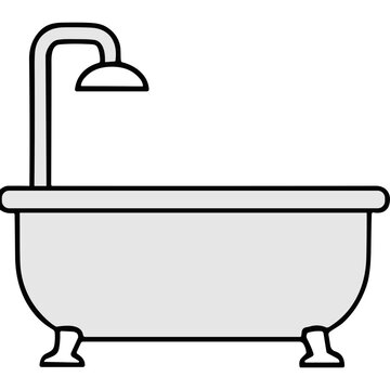 Simple Line Art Illustration of a Bathtub with a Shower Head on a Black Background for Cleanliness and Hygiene Concepts