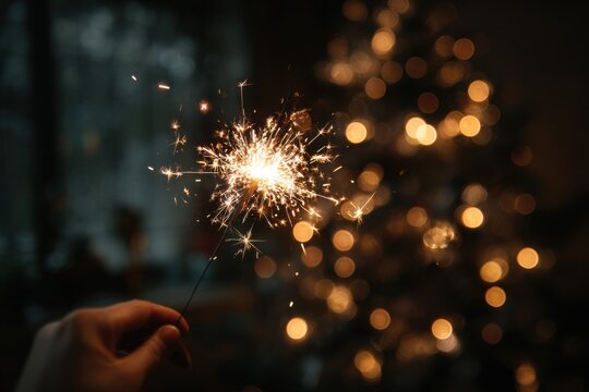 Burning sparkler held by a hand over a festive dinner table. Sparks flying in the dark - Powered by Adobe