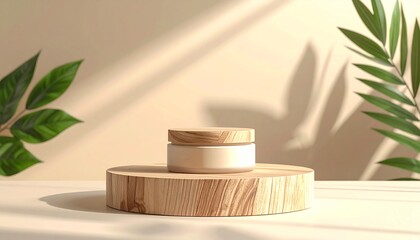 Minimalist skincare scene with leaf shadows