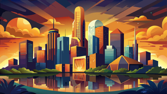 Very beautiful golden sunset light reflects across Houston&rsquo;s shimmering skyline, revealing modern glass towers, warm glowing clouds, and a dynamic urban scene full of energy and evening color.