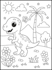 Cute Dinosaur in Jungle with Flowers, Palm Trees, Butterfly, and Sunshine. Fun Prehistoric Kids Coloring Page for Kids. Printable Line Art for Children and Adults.