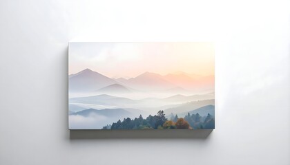 Naklejka premium Landscape Painting of Mountain Range in Soft Pastel Colors on White Wall