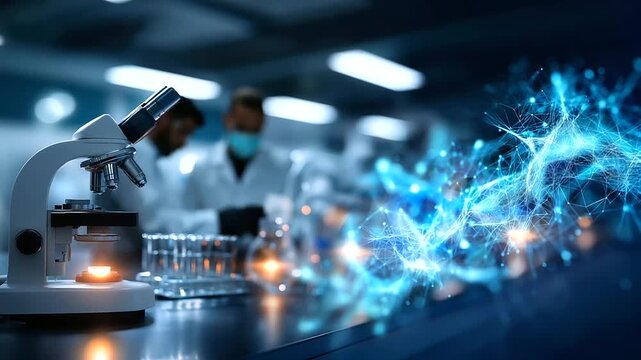 Medical research breakthrough, cancer hospital laboratory, scientific environment closeup, healthcare innovation display, infographic visualization style, technological advancement