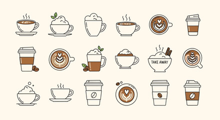 Collection of various coffee cups and drinks in a hand-drawn doodle style.