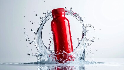 Red drink bottle splashes in water