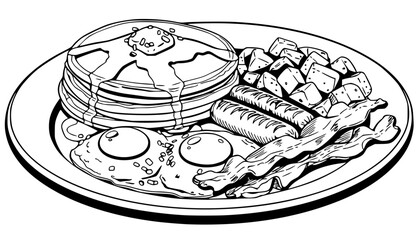 A detailed, black line art drawing of a classic American breakfast plate featuring a stack of pancakes with syrup and butter, two sunny-side-up eggs, sausage links, crispy bacon, and home fr