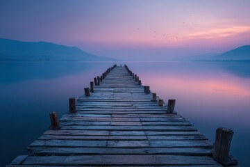 Naklejka premium Wooden Pier Extending Into Serene Lake Under Twilight Sky With Mountain Background