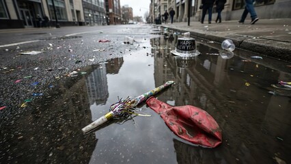 Street scene after a celebration with debris and litter scattered across a wet, urban road.