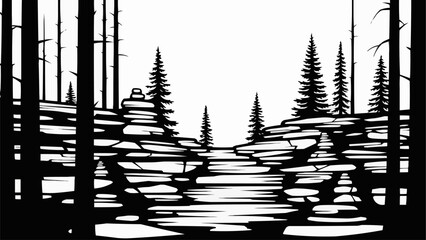 Naklejka premium Monochrome Forest Landscape with Rocky Terrain and Evergreen Trees.
