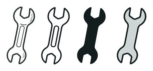 Four double open-ended wrench spanner illustrations in different graphic styles, including hand-drawn sketch, simple outline, black silhouette, and colored cartoon for repair concepts