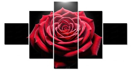 Dramatic close up of a vibrant red rose in bloom against a stark black background