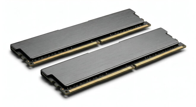 Pair of modern computer RAM modules with metallic heat spreaders - Powered by Adobe