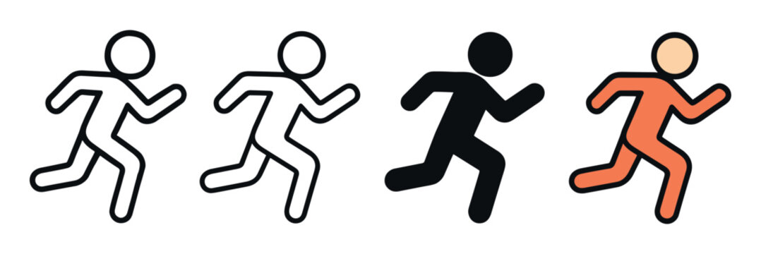 Running man icon set with different styles including line art, solid silhouette, and color fill for sports and fitness concepts, showing a person in motion for user interface design