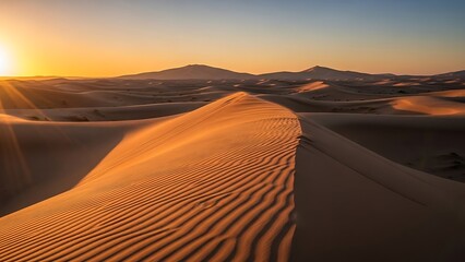 Golden Hour Desert Landscape: Sand Dunes Mountains and Sunset Glow.