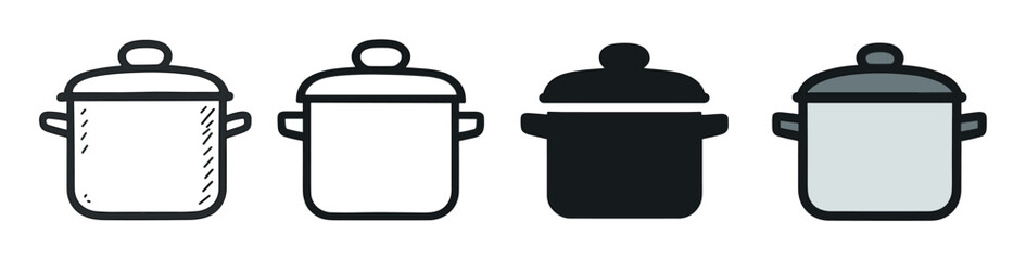 Cooking pot icon set with four different styles including doodle, line art, silhouette, and colored versions for culinary and kitchen-themed graphic design projects