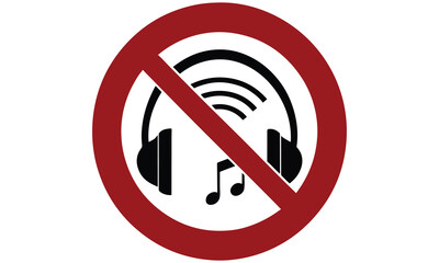 No Music Sign Vector &ndash; Prohibited Sound Symbol, Silence Zone Icon, Headphone Ban Graphic