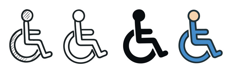 Four different wheelchair accessibility symbol icons shown in a row with sketch, outline, silhouette, and color styles for representing disability and universal design