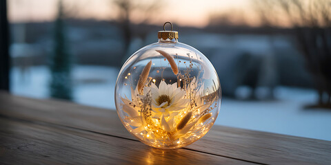 Elegant clear glass ornament with flower arrangement and fairy lights